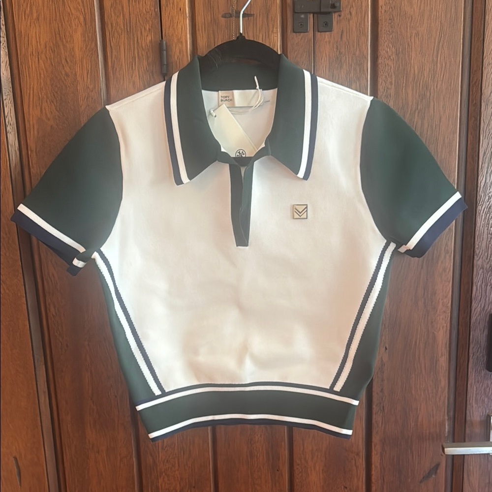 Tory Burch Green and White Knit Polo Shirt with Color-Block Design small
